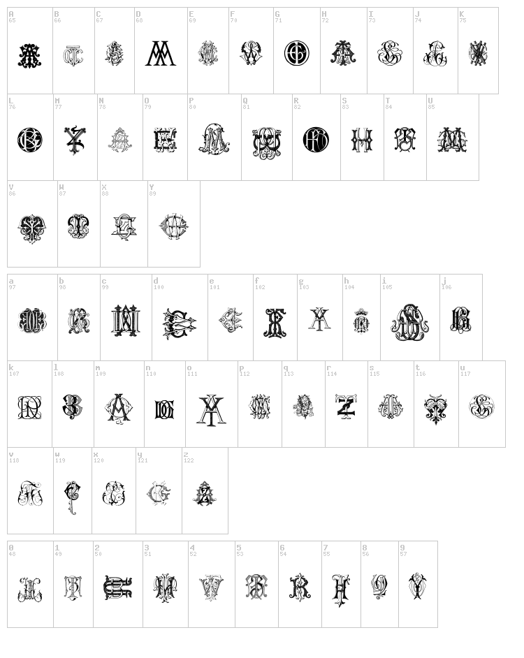 Intellecta Monograms Random Samples Two font map